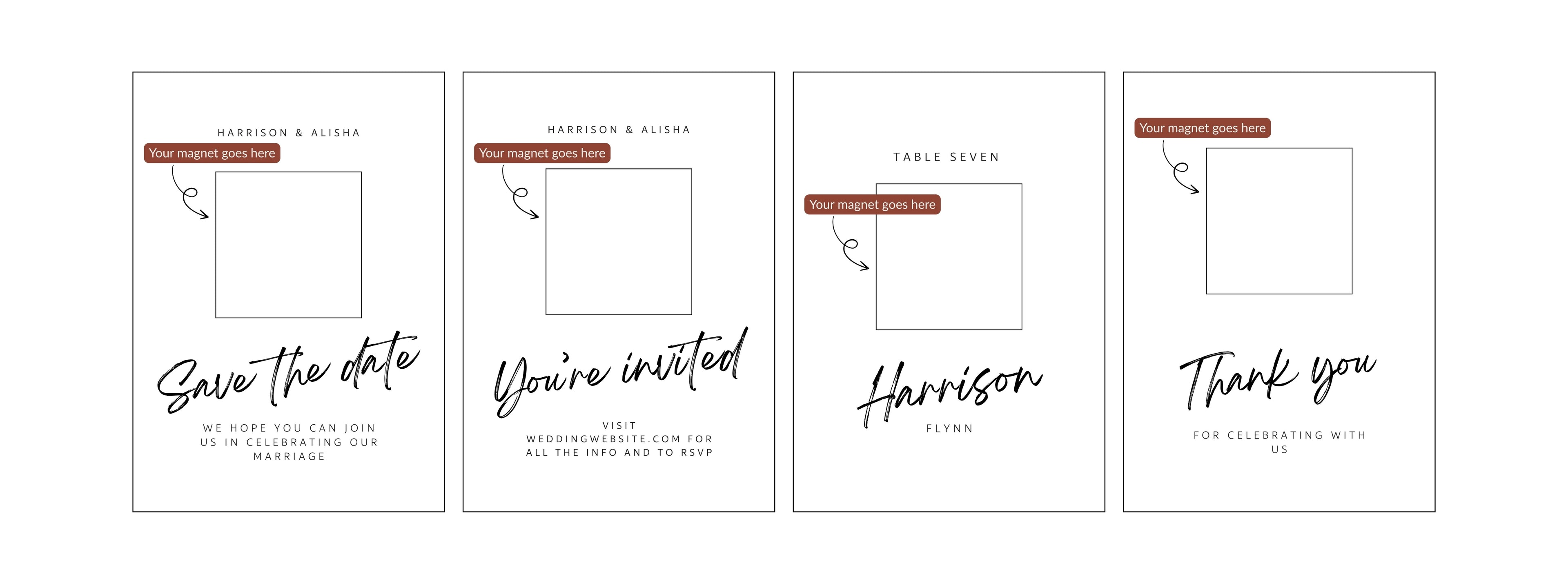 set of four wedding keepsake cards which have black font and white surrounds and are placed on a white background