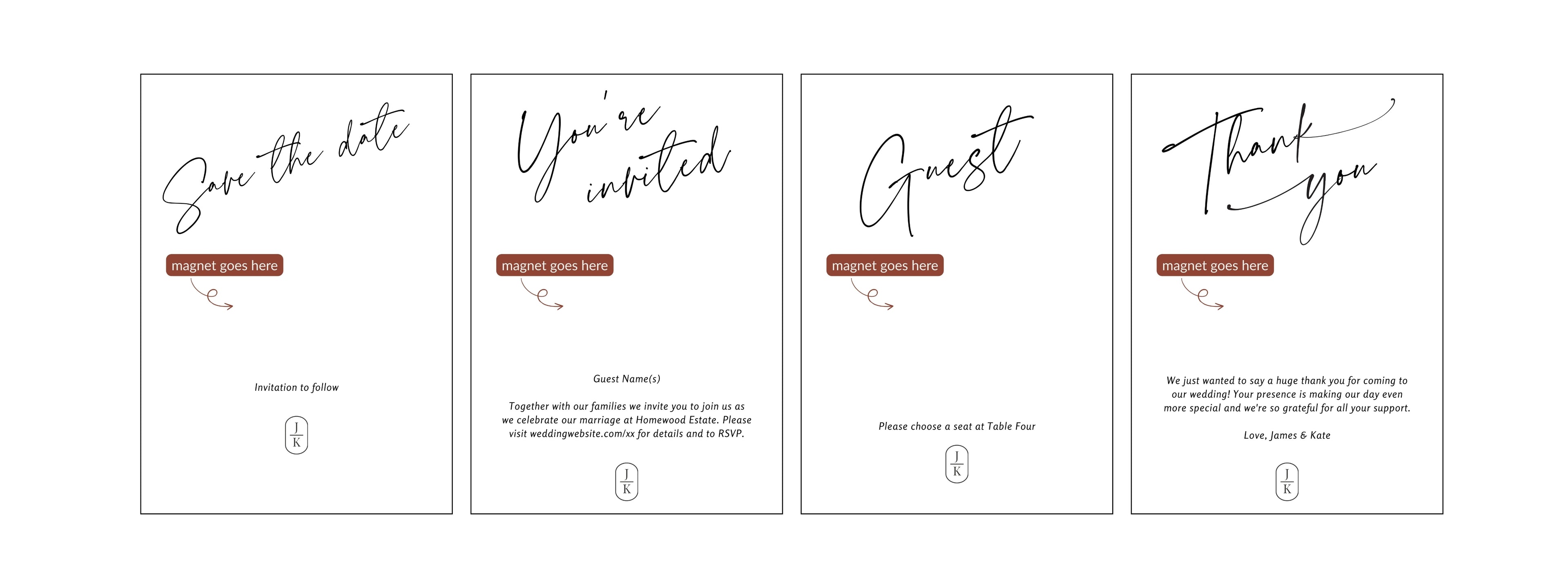 Set of four wedding keepsake cards with customizable text boxes on a white background.