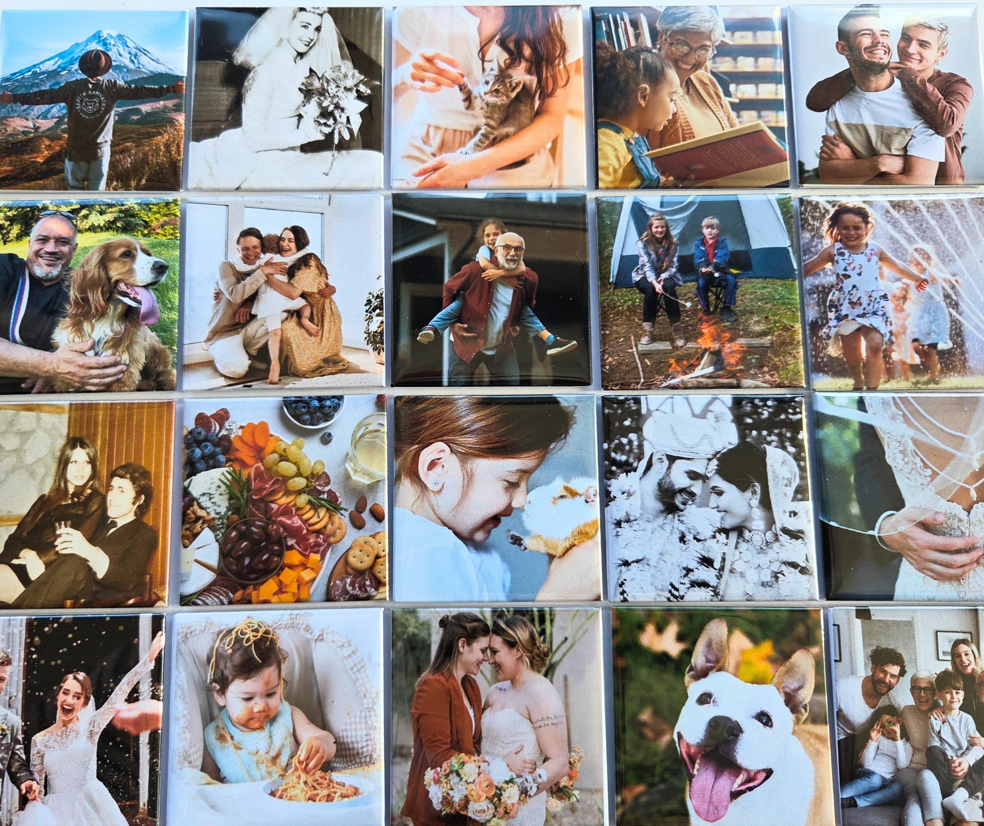 collage of various magnets made from peoples photos. photos include pictures of people with their loved ones and their pets, weddings, travel, food