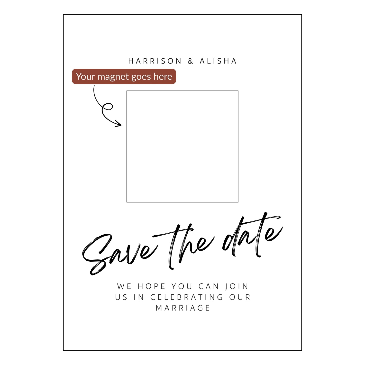 Save the date magnet card with customizable text area and elegant design.