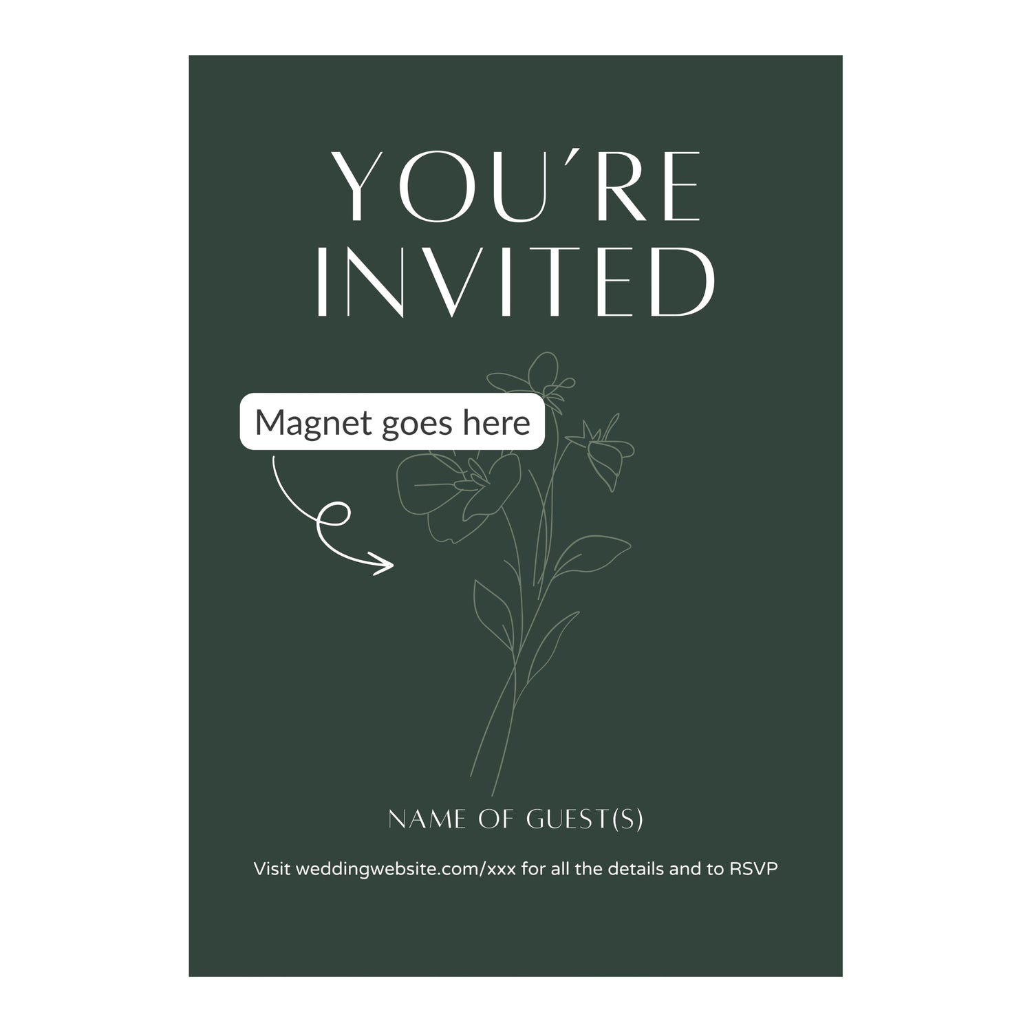 Green invitation card with floral design and text for wedding RSVPs