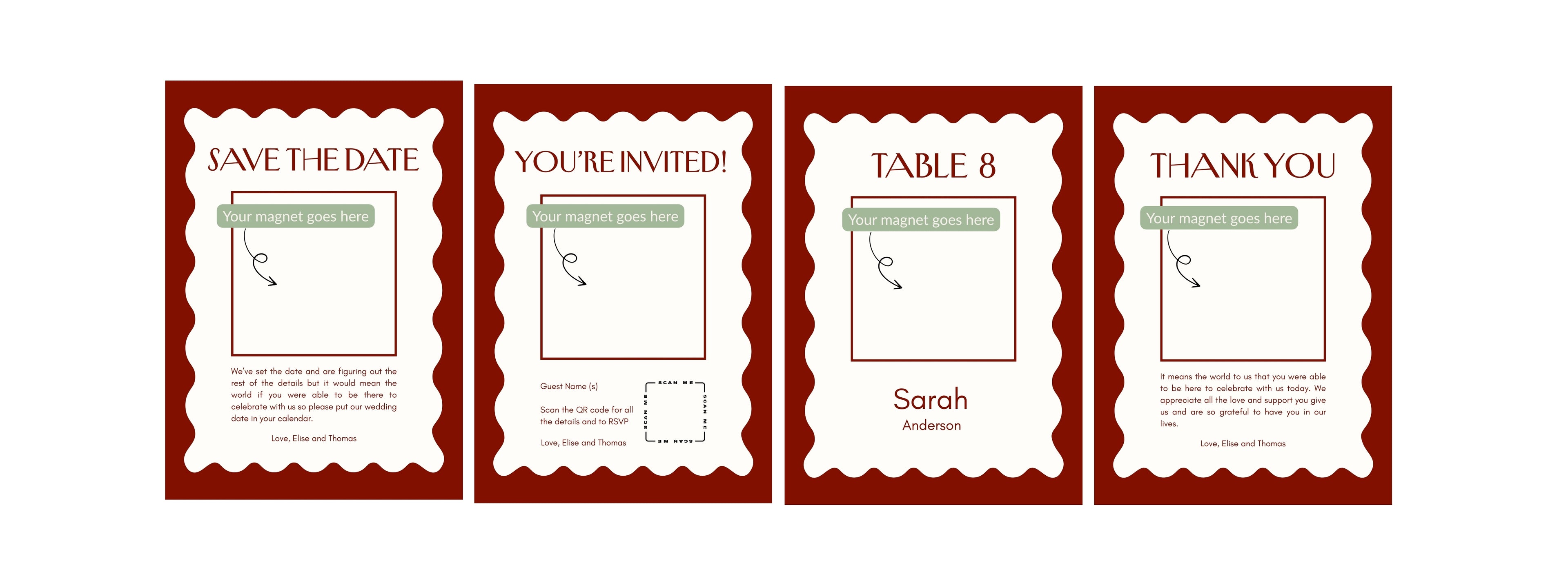 set of four wedding keepsake cards which are a deep red colour and placed on a white background